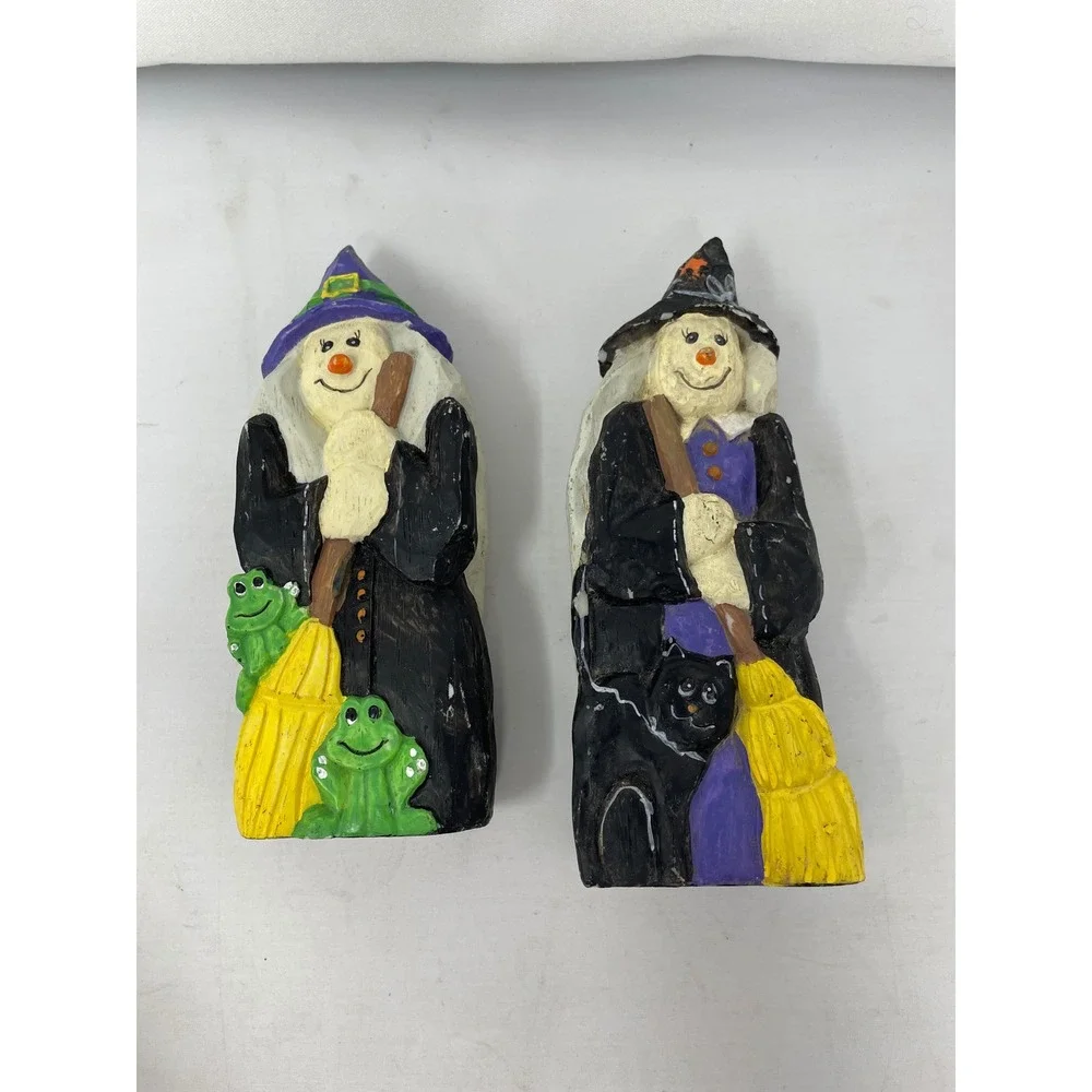 Hermitage pottery Halloween Decor Witch Figurines w/‎ Frog Cat Broom - Set of 2